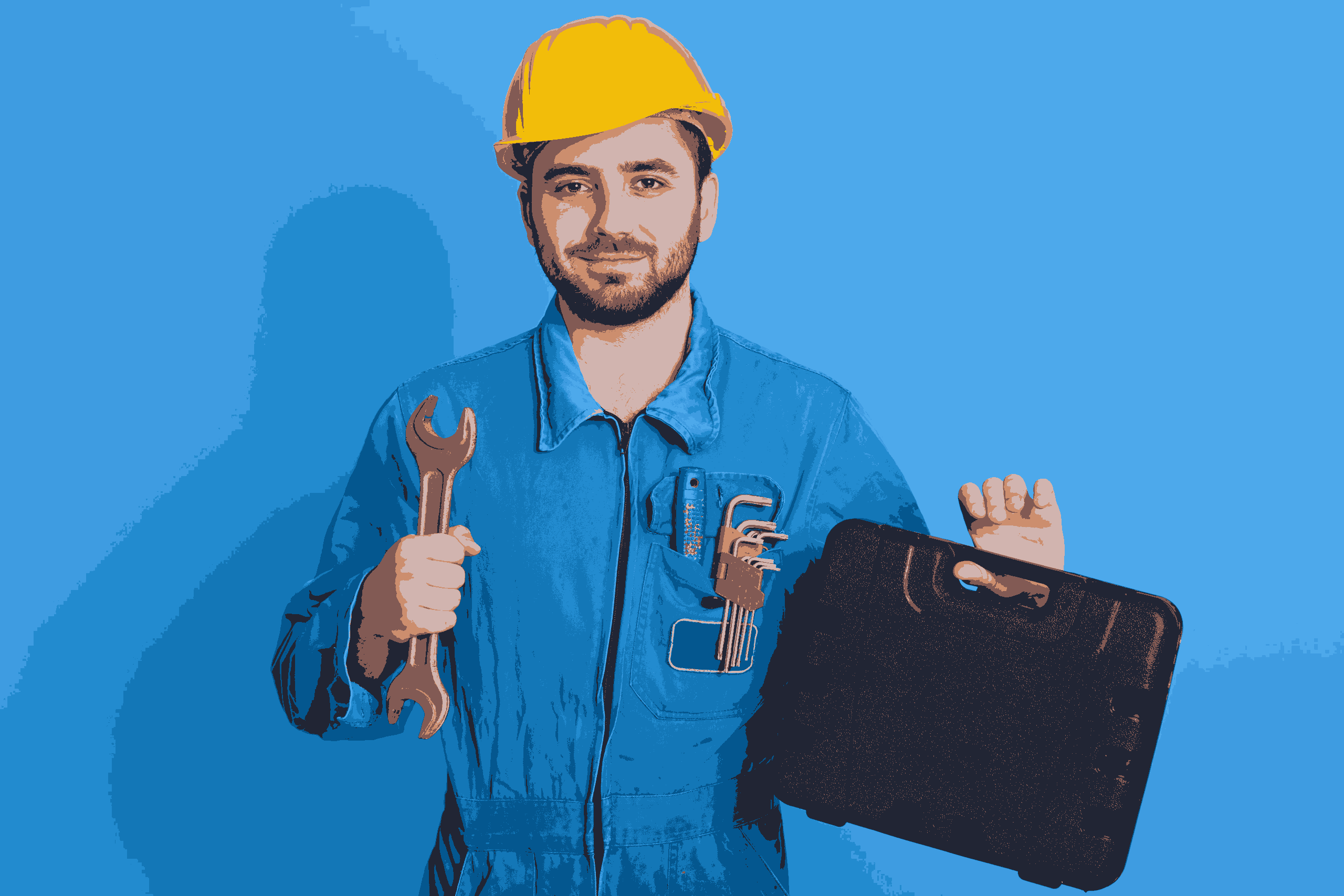 A man in a blue uniform stands holding a toolbox, ready to assist with repairs or maintenance tasks.