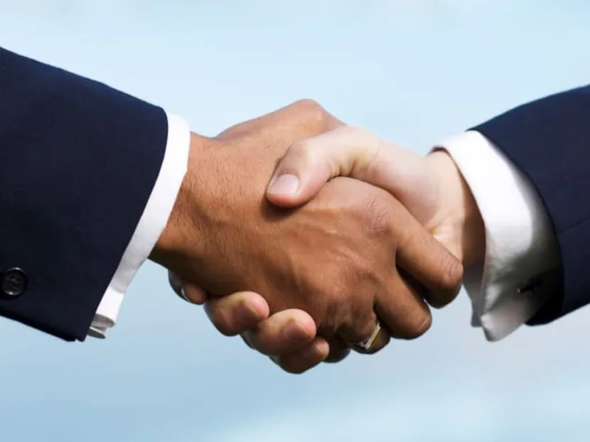 Two business professionals engaged in a handshake, symbolizing agreement and collaboration in a professional setting.